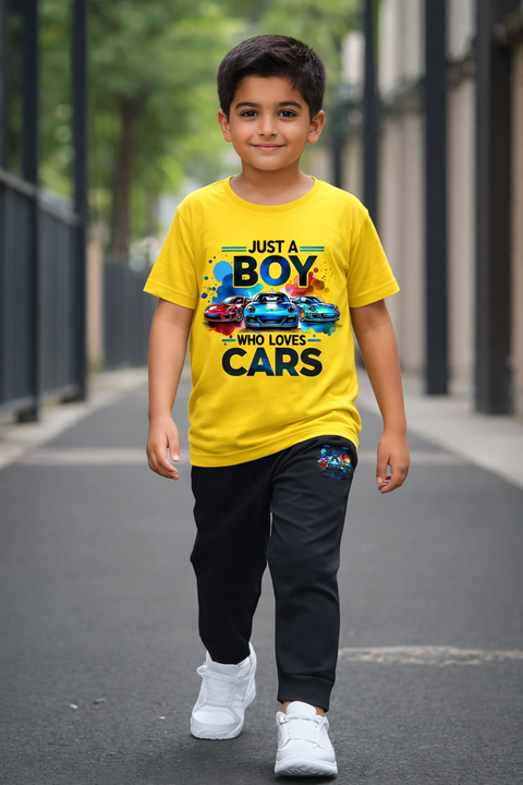 Kids Printed T-Shirt & Trouser Set – “Just A Boy Who Loves Cars” Design
