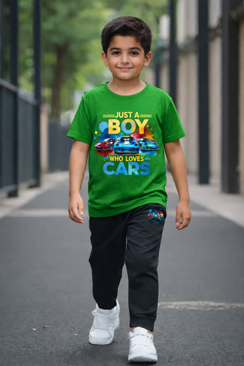 Kids Printed T-Shirt & Trouser Set – “Just A Boy Who Loves Cars” Design