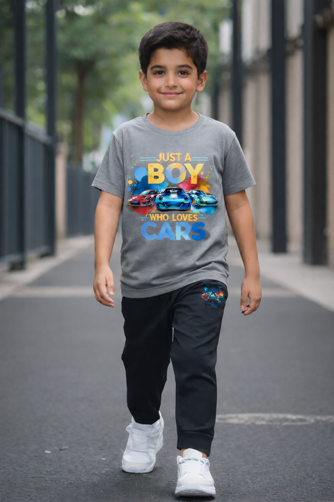 Kids Printed T-Shirt & Trouser Set – “Just A Boy Who Loves Cars” Design