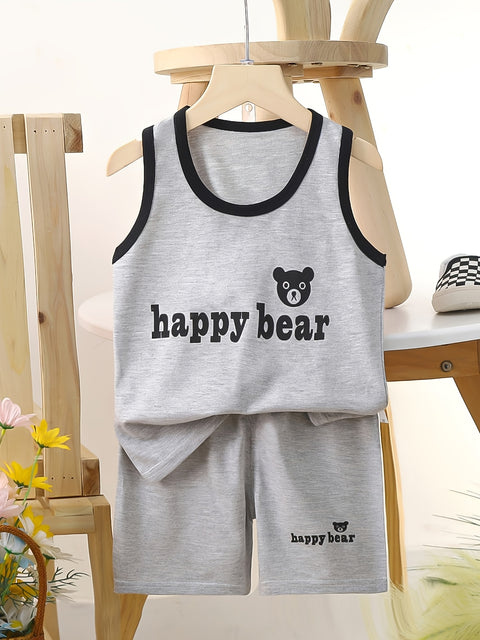 Happy Bear Kids Summer Set | Premium Cotton Sleeveless Shirt & Shorts