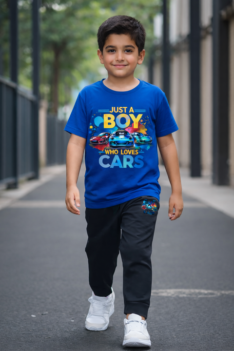 Kids Printed T-Shirt & Trouser Set – “Just A Boy Who Loves Cars” Design