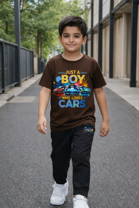 Kids Printed T-Shirt & Trouser Set – “Just A Boy Who Loves Cars” Design