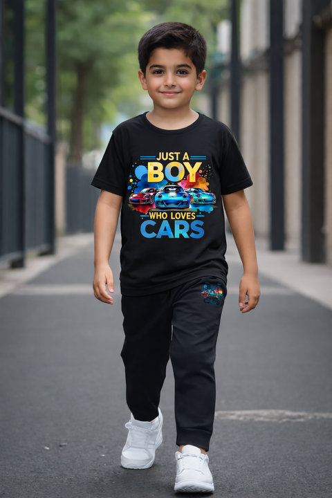 Kids Printed T-Shirt & Trouser Set – “Just A Boy Who Loves Cars” Design
